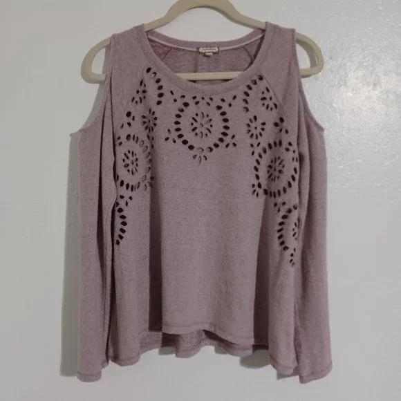 Women's medium cold shoulder sweater purple mauve floral stitching design soft - Picture 1 of 4
